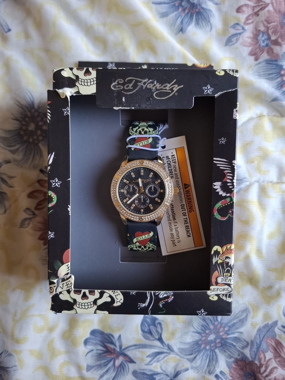 Ed Hardy Men’s Black and Gold Crystal-Accent Chronograph Watch
